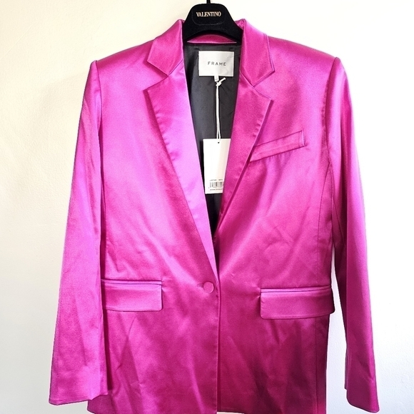 New Frame Satin Strong Shoulder Magenta Blazer Suit Jacket NWT Small - Picture 10 of 15